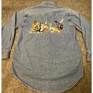 Vintage 90s Warner Bros Shirt Mens XS Looney Tunes Button Up Denim Embroidered